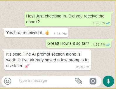 WhatsApp conversation: buyer says the AI prompts part is excellent